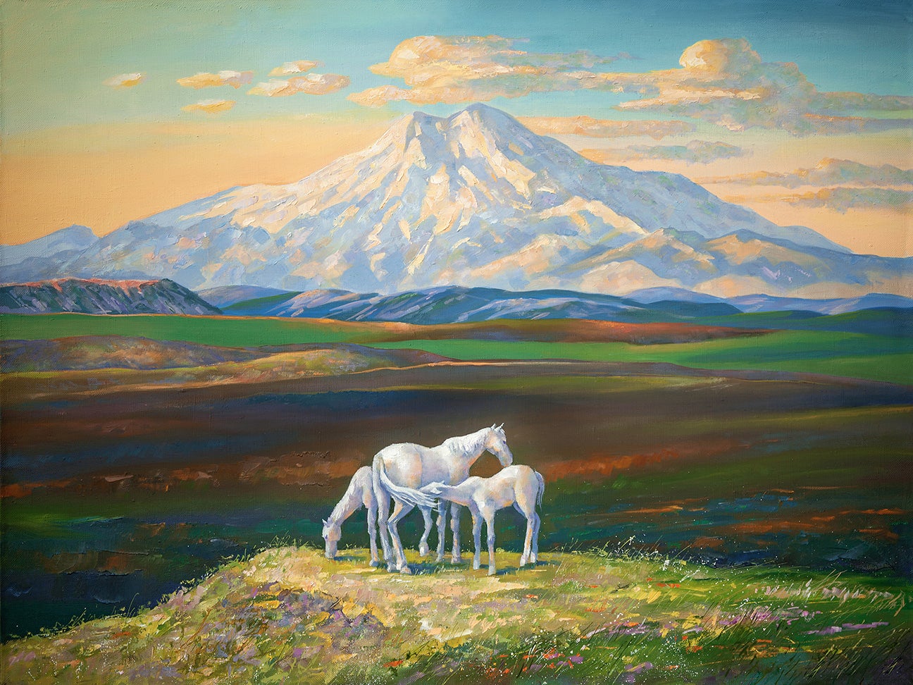 Mountain Landsacpe Horse Painting - Meri Deewar 4 : 3 Horizontal Premium Wall Art Canvas by MeriDeewar