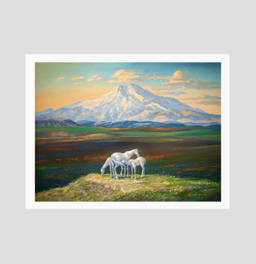 Mountain Landsacpe Horse Painting - Meri Deewar 4 : 3 Horizontal Premium Wall Art Canvas by MeriDeewar
