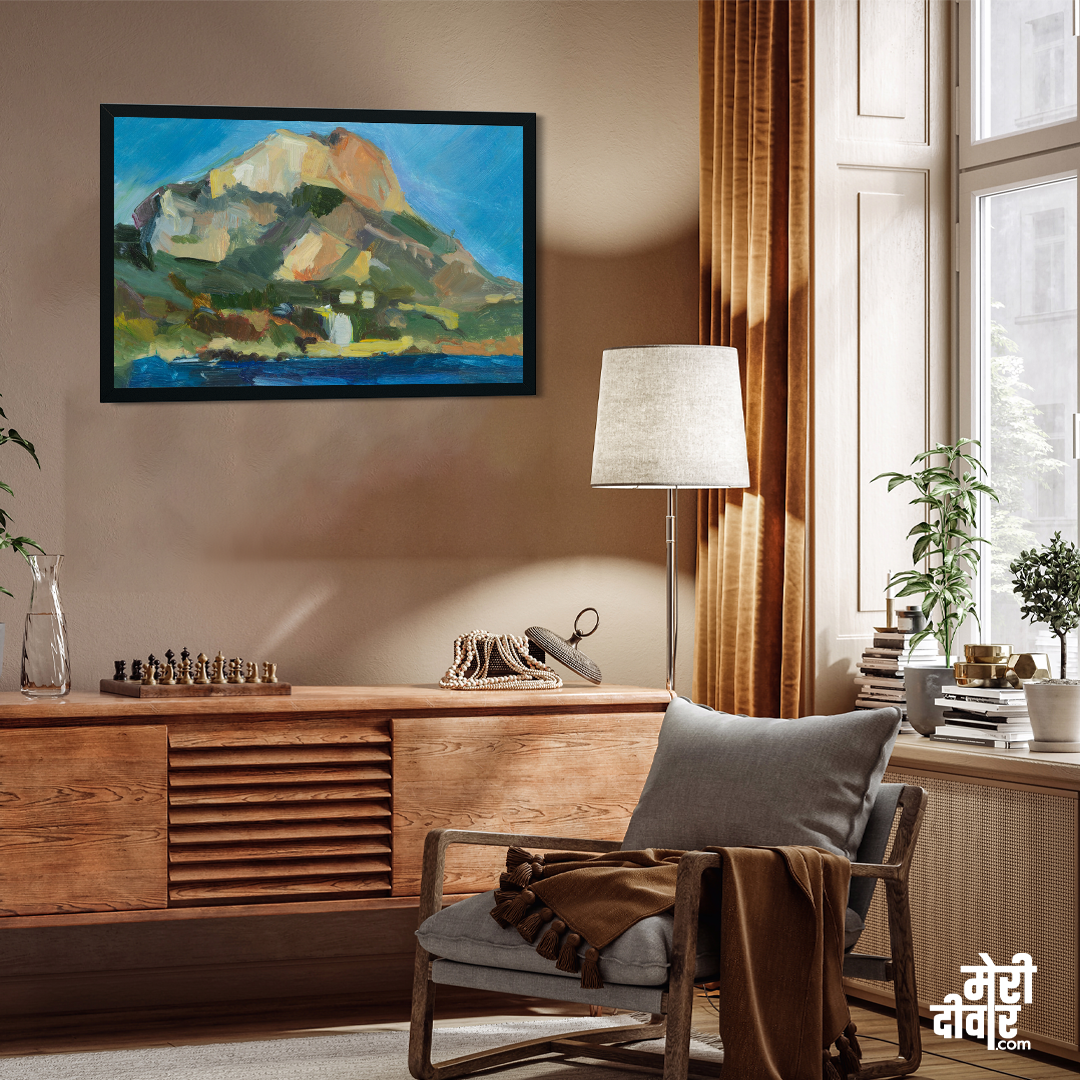 Mountains Nature With High Rock Sea Painting 3 : 2 Horizontal Premium Wall Art Canvas by MeriDeewar