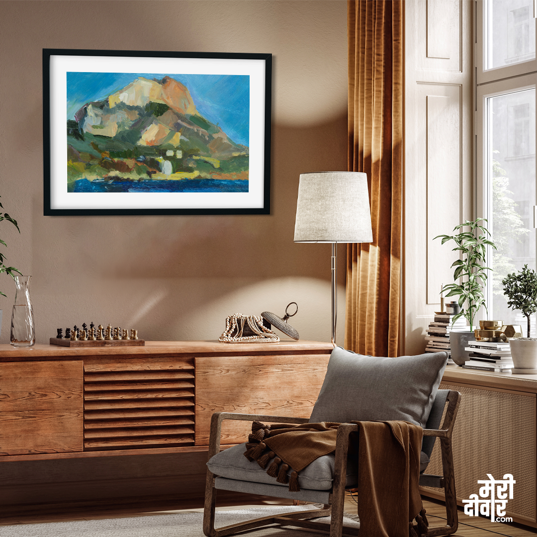 Mountains Nature With High Rock Sea Painting 3 : 2 Horizontal Premium Wall Art Canvas by MeriDeewar