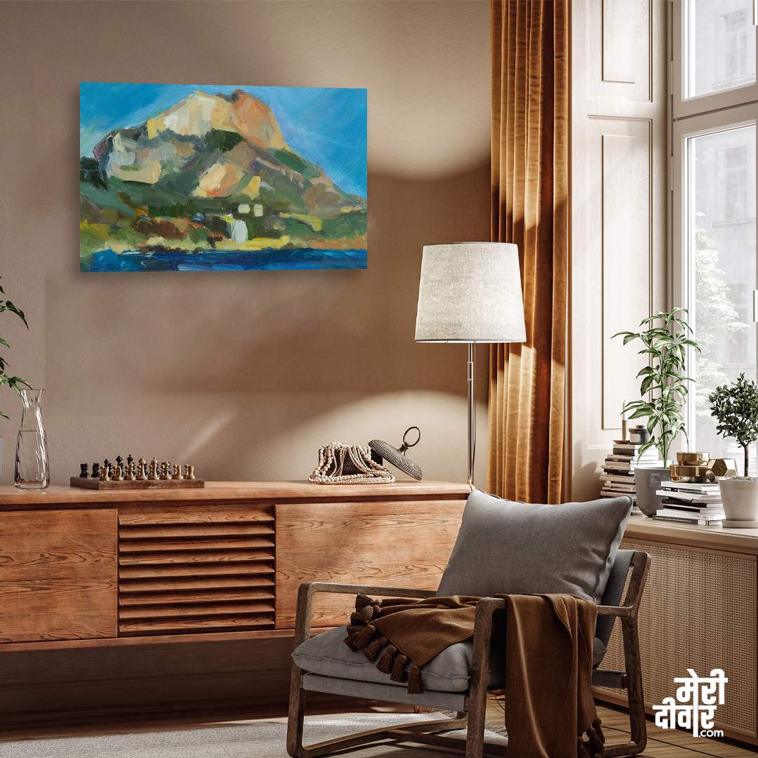 Mountains Nature With High Rock Sea Painting 3 : 2 Horizontal Premium Wall Art Canvas by MeriDeewar