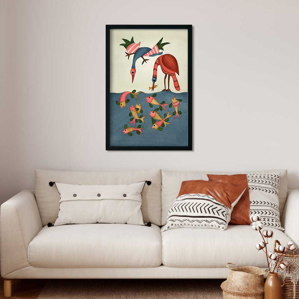 Multicolored Gond Painting Birds Painting 2 : 3 Vertical Premium Wall Art Canvas by MeriDeewar