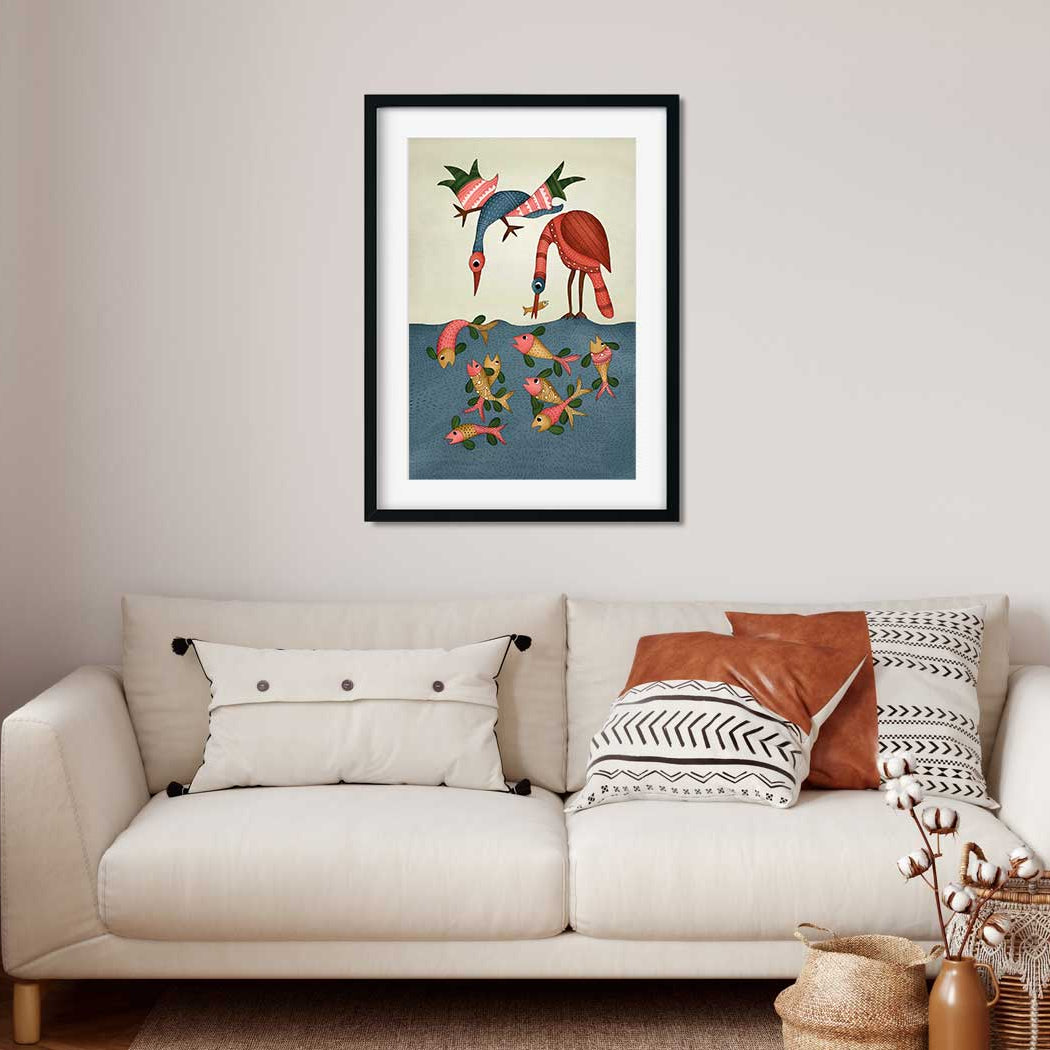 Multicolored Gond Painting Birds Painting 2 : 3 Vertical Premium Wall Art Canvas by MeriDeewar