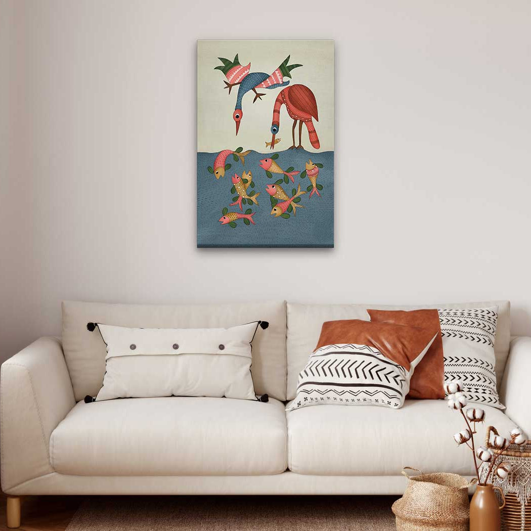 Multicolored Gond Painting Birds Painting 2 : 3 Vertical Premium Wall Art Canvas by MeriDeewar