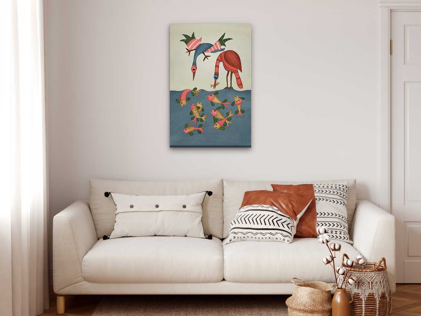 Multicolored Gond Painting Birds Painting 2 : 3 Vertical Premium Wall Art Canvas by MeriDeewar