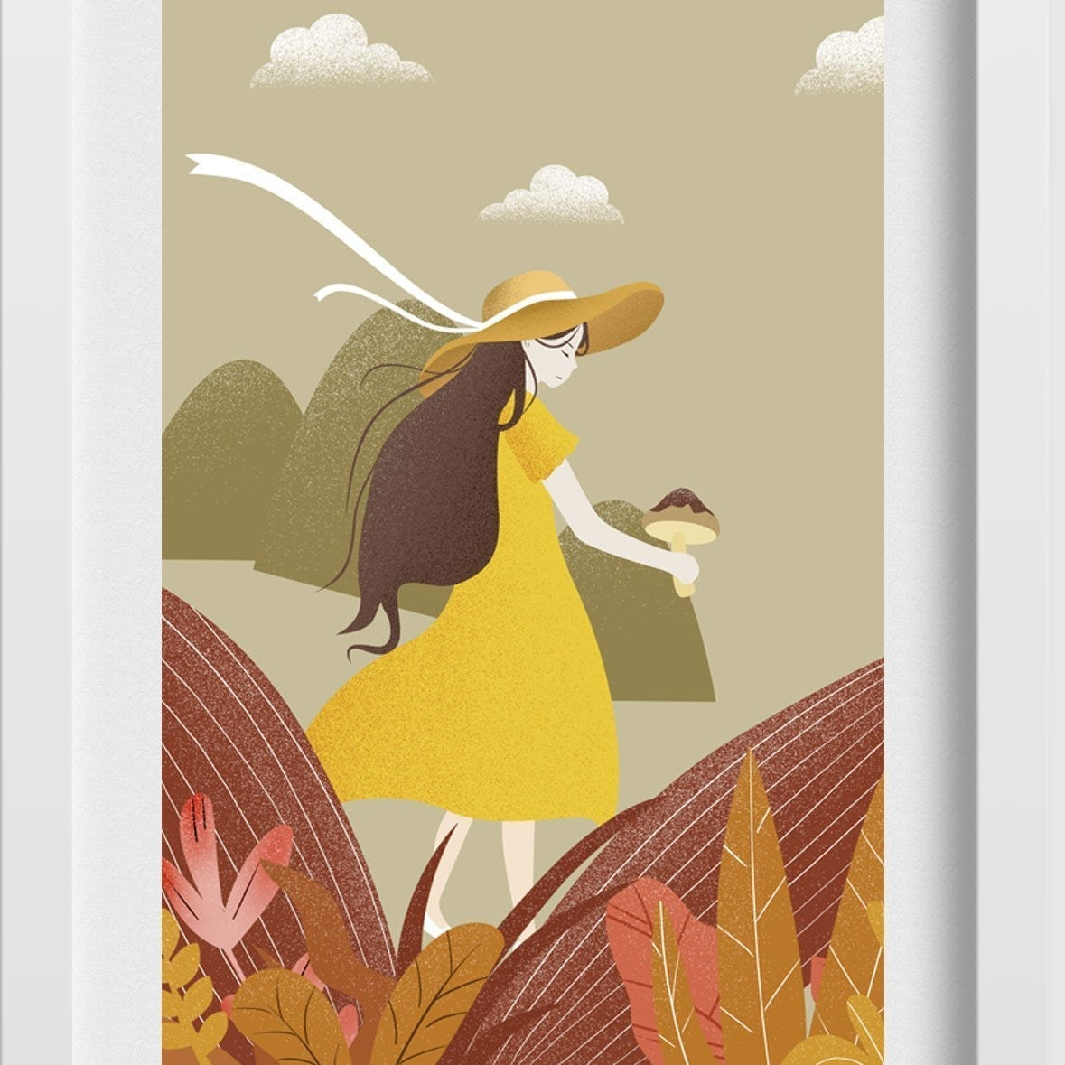 Mushroom Picking Girl Wall Art Painting - Meri Deewar 2 : 3 Vertical Premium Wall Art Canvas by MeriDeewar