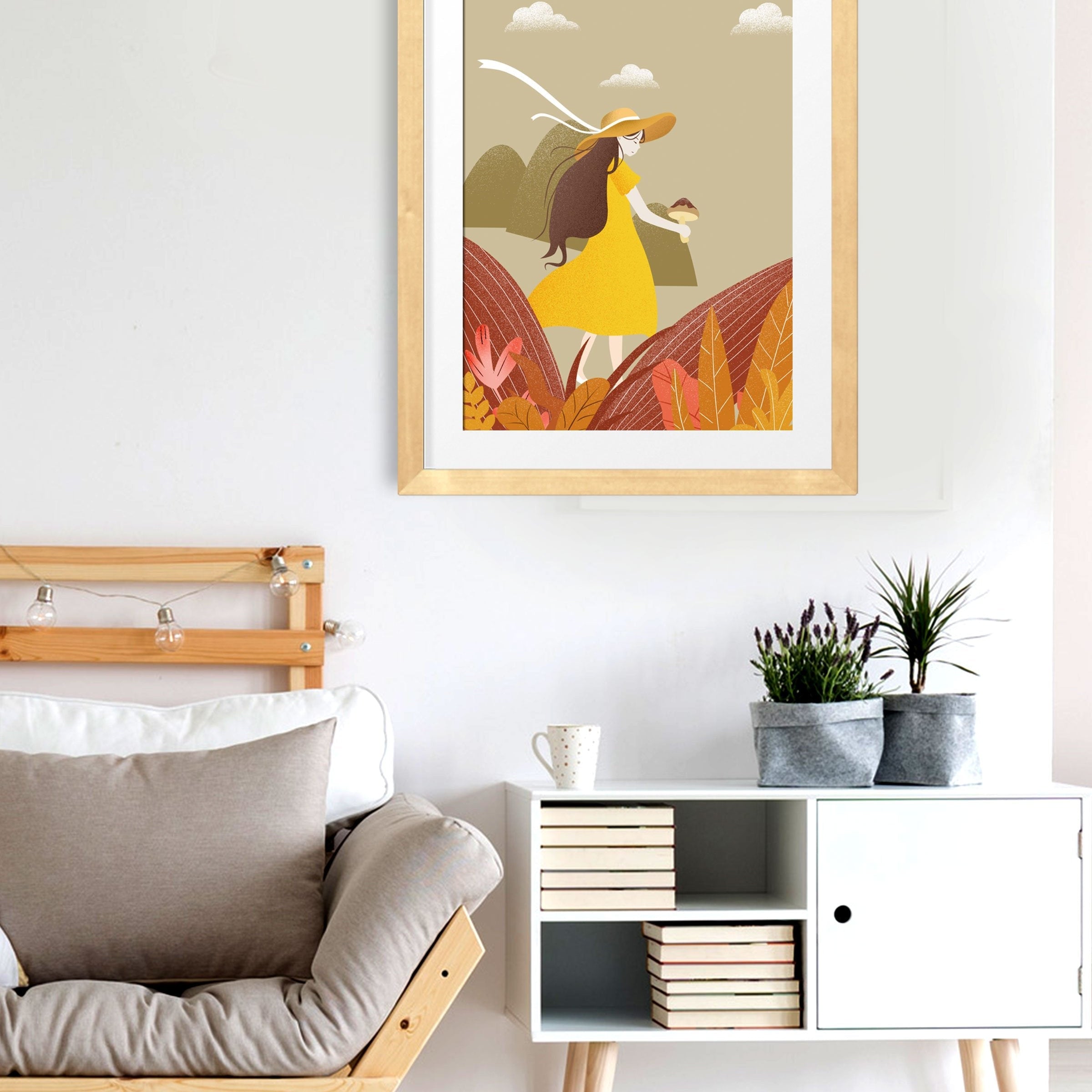 Mushroom Picking Girl Wall Art Painting - Meri Deewar 2 : 3 Vertical Premium Wall Art Canvas by MeriDeewar