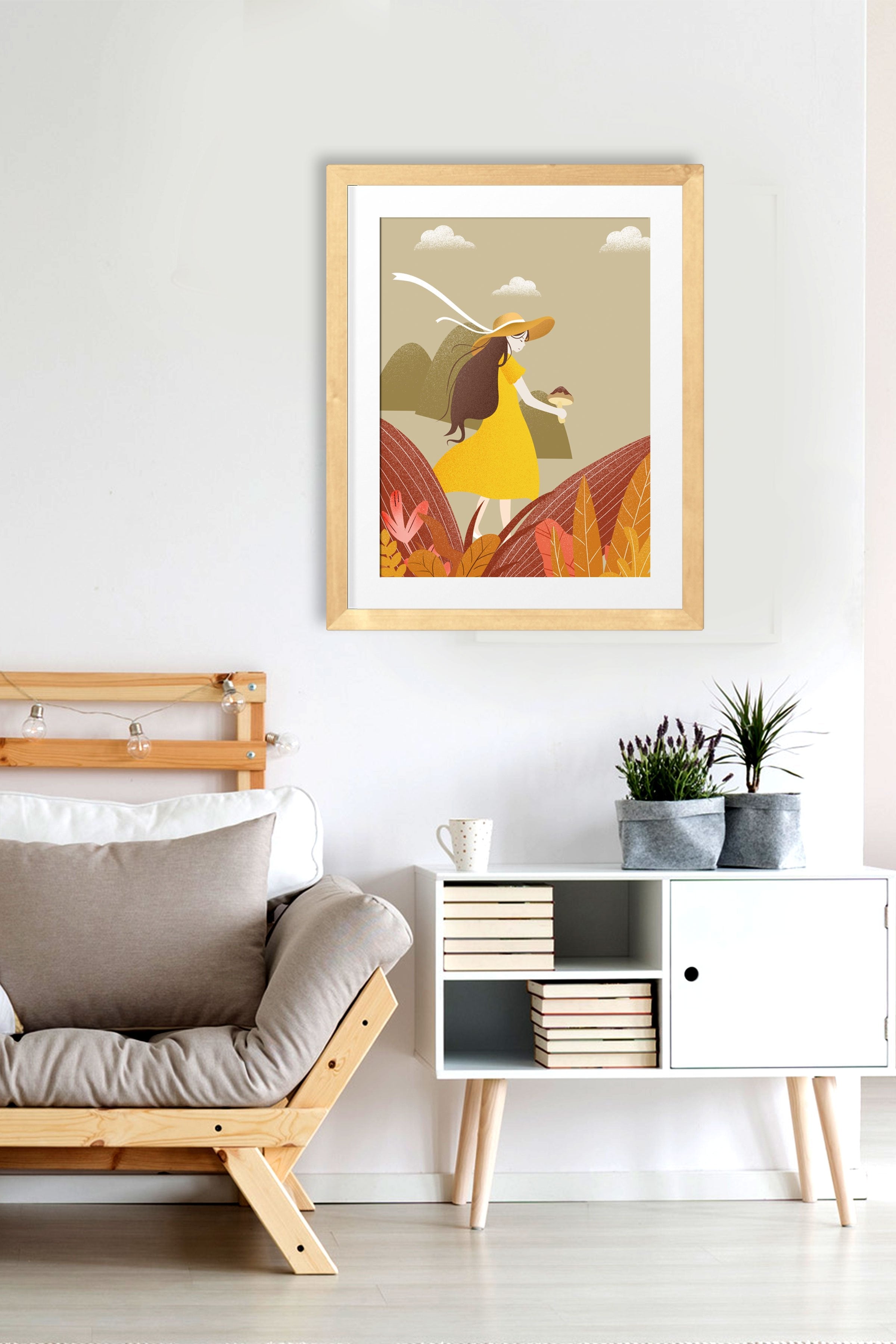 Mushroom Picking Girl Wall Art Painting - Meri Deewar 2 : 3 Vertical Premium Wall Art Canvas by MeriDeewar