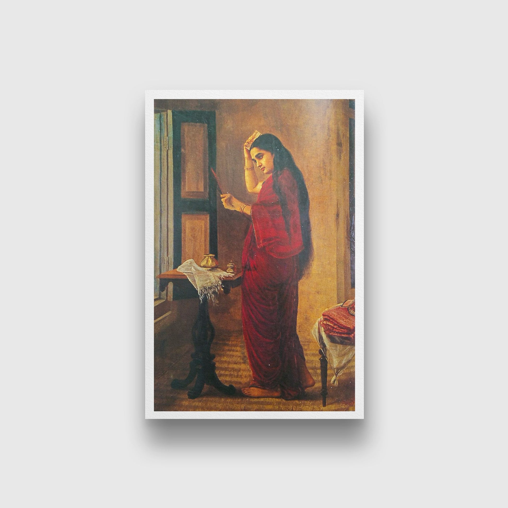 Nair Lady With A Mirror Painting - Meri Deewar 2 : 3 Vertical Premium Wall Art Canvas by MeriDeewar