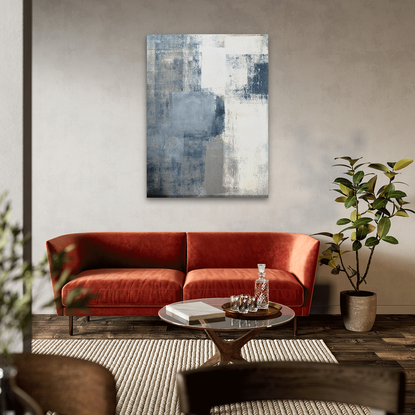 Navy Raw & Blue White Abstract Paintings 3 : 4 Vertical Premium Wall Art Canvas by MeriDeewar