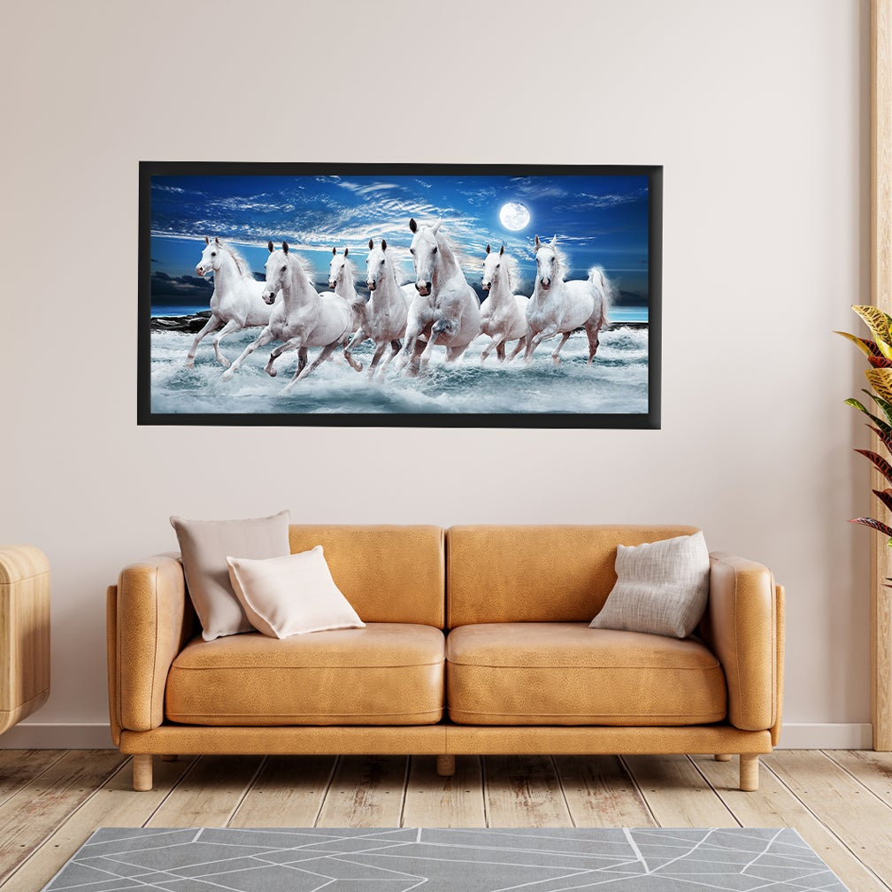 Ocean Seven Running Horses Painting - Meri Deewar 2 : 1 Horizontal Premium Wall Art Canvas by MeriDeewar