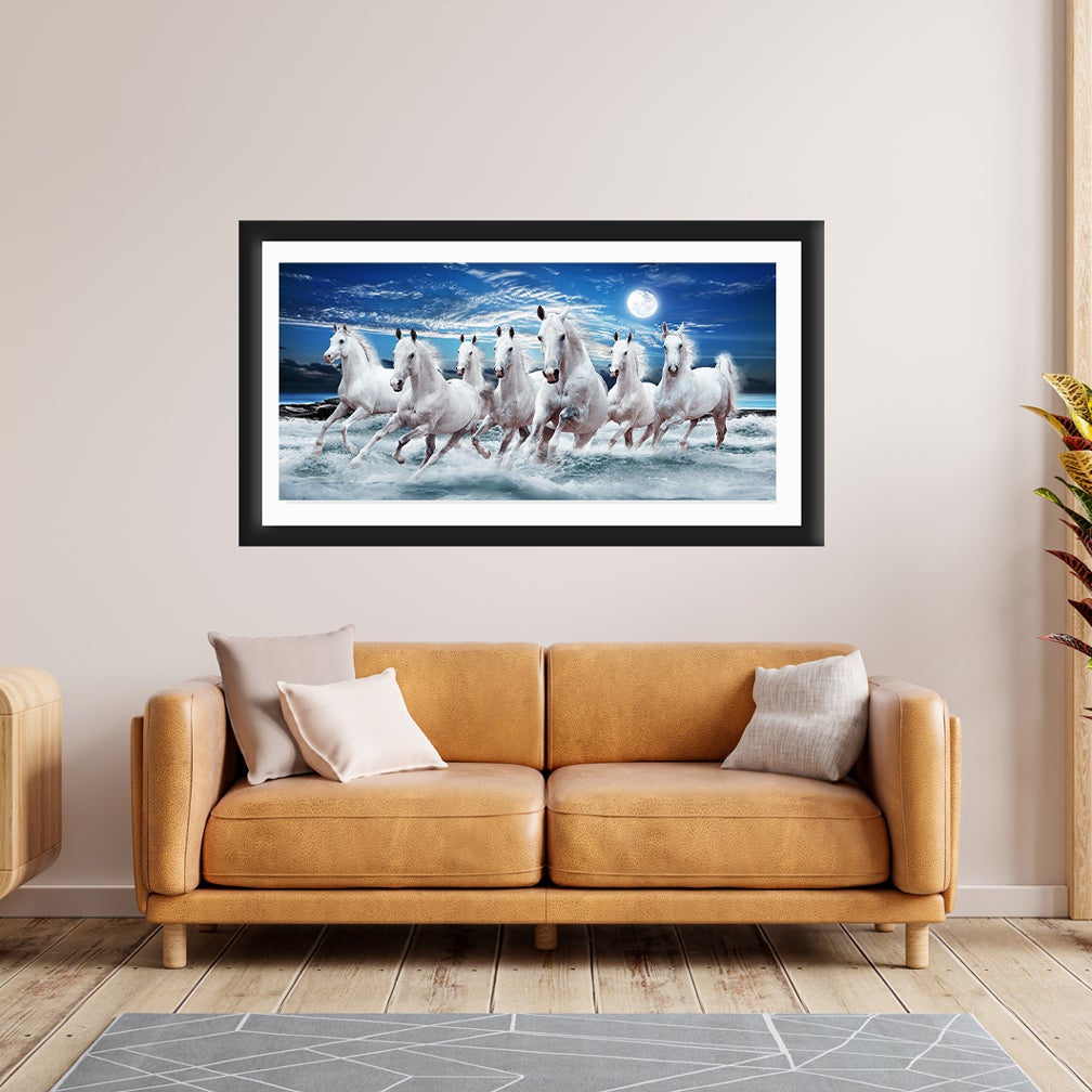 Ocean Seven Running Horses Painting - Meri Deewar 2 : 1 Horizontal Premium Wall Art Canvas by MeriDeewar