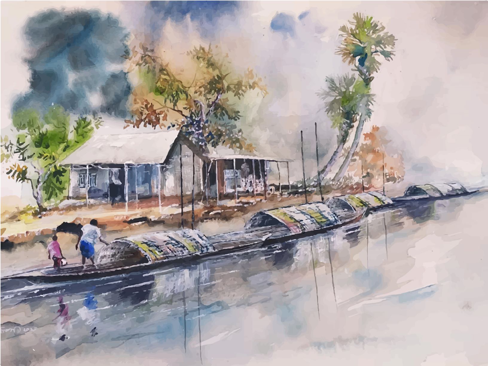 Old Ocean Fishing Boats Painting - Meri Deewar 4 : 3 Horizontal Premium Wall Art Canvas by MeriDeewar