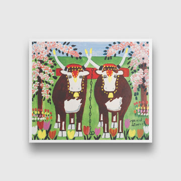 Oxen Painting - Meri Deewar 6 : 5 Horizontal Premium Wall Art Canvas by MeriDeewar