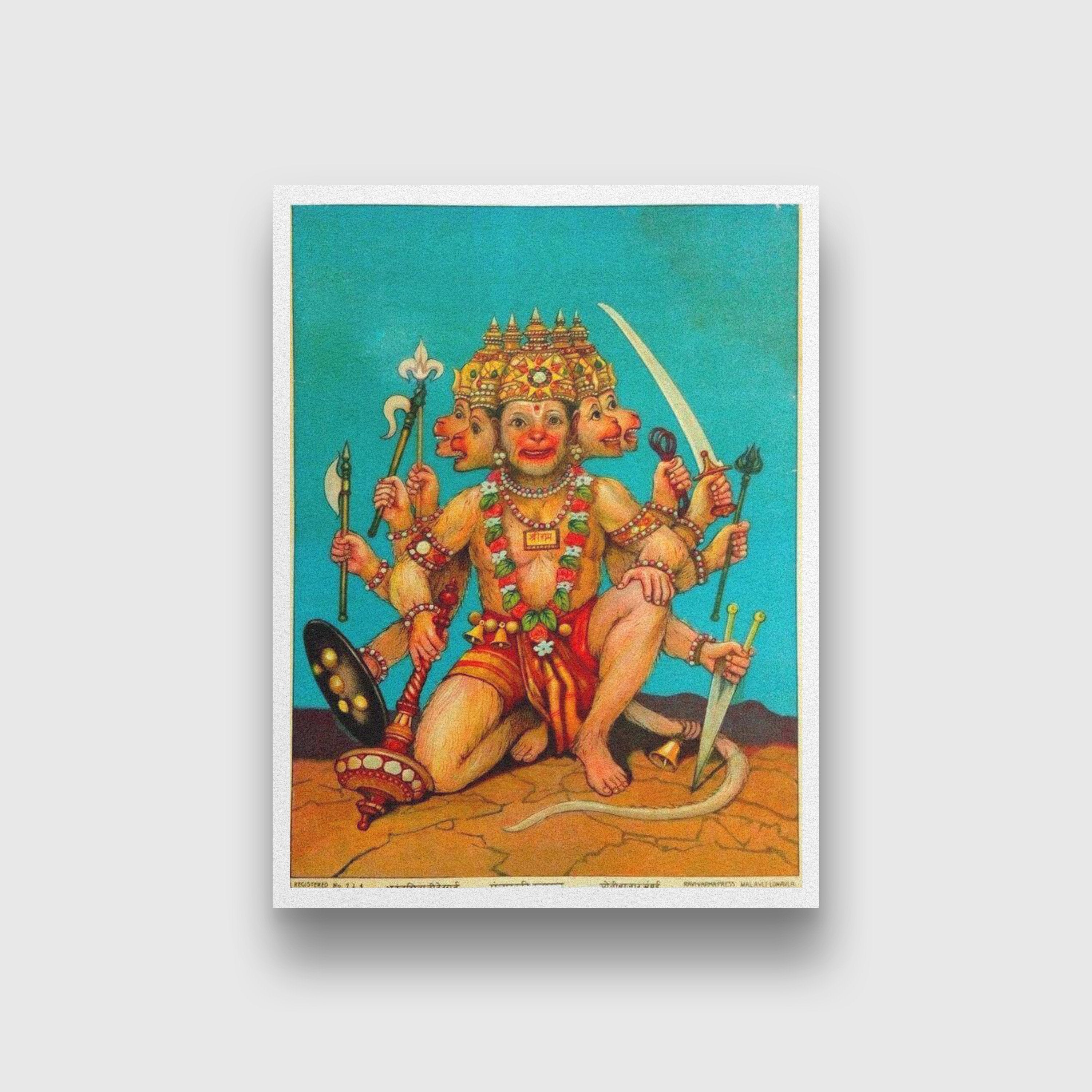 Panchmukhi 5 Headed Hanuman Painting - Meri Deewar 3 : 4 Vertical Premium Wall Art Canvas by MeriDeewar