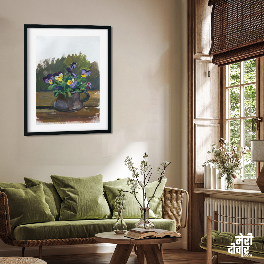 Pansies Flowers Gouache Painting 3 : 4.2 Vertical Premium Wall Art Canvas by MeriDeewar