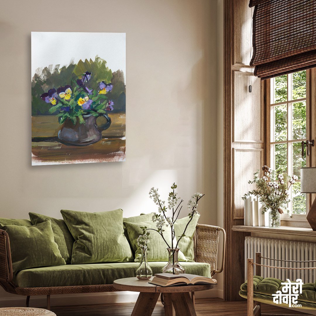 Pansies Flowers Gouache Painting 3 : 4.2 Vertical Premium Wall Art Canvas by MeriDeewar