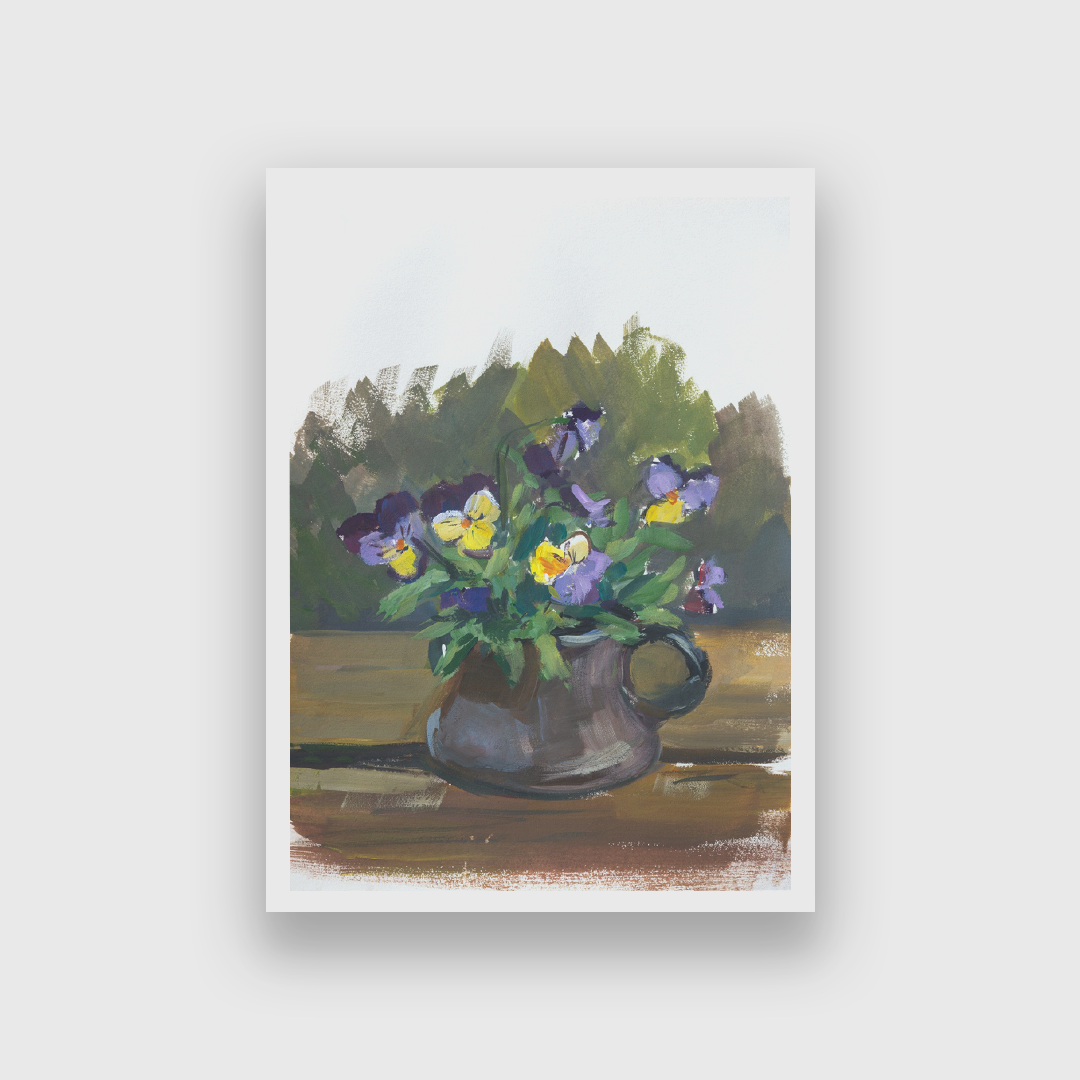 Pansies Flowers Gouache Painting 3 : 4.2 Vertical Premium Wall Art Canvas by MeriDeewar
