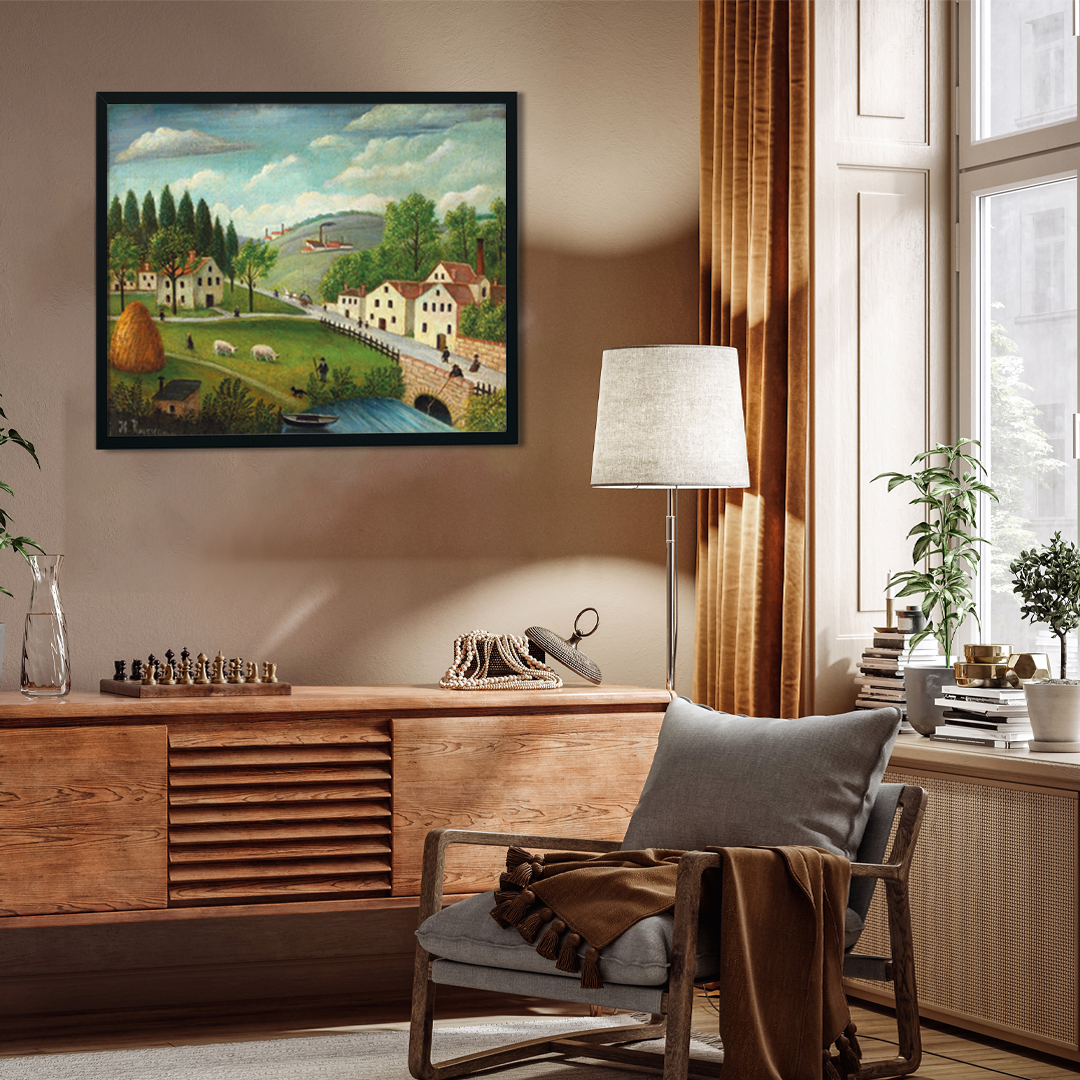 Pastoral Landscape with Stream Fisherman and Stroller Painting 5 : 4 Horizontal Premium Wall Art Canvas by MeriDeewar