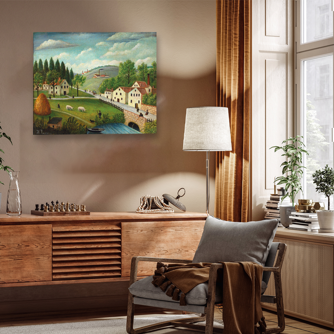 Pastoral Landscape with Stream Fisherman and Stroller Painting 5 : 4 Horizontal Premium Wall Art Canvas by MeriDeewar