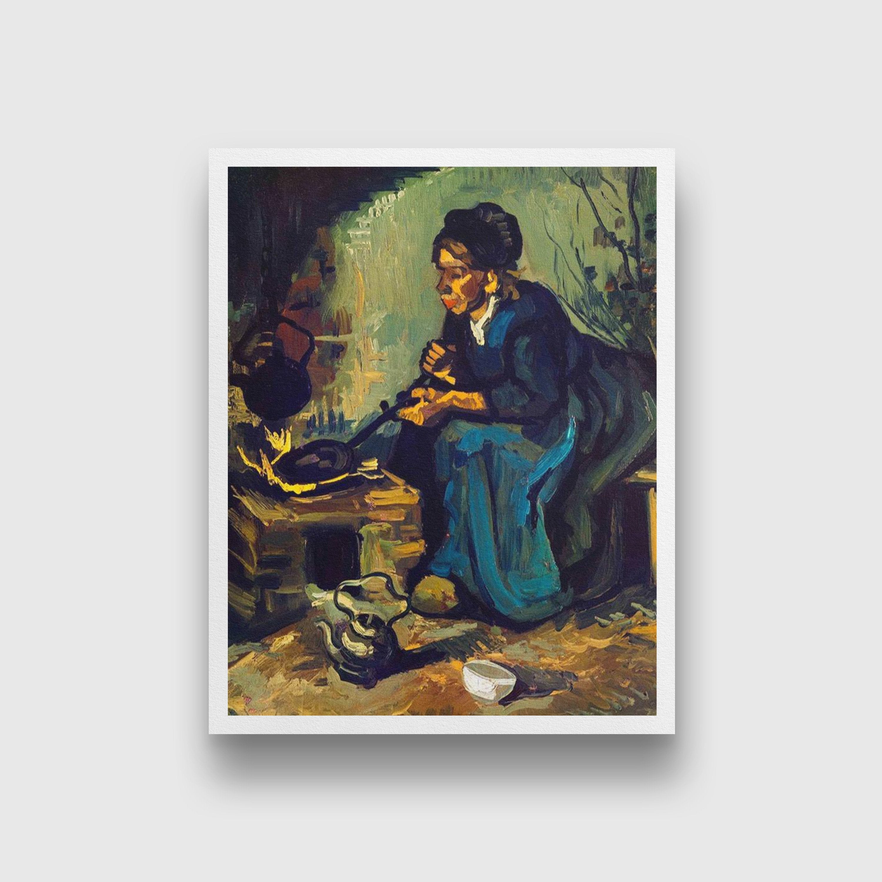 Peasant Woman Cooking by a Fireplace By Van Gogh Painting - Meri Deewar 4 :5 Vertical Premium Wall Art Canvas by MeriDeewar
