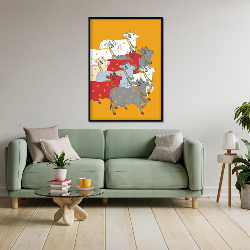 Pichwai Art with Yellow Painting - Meri Deewar 3 : 4.2 Vertical Premium Wall Art Canvas by MeriDeewar