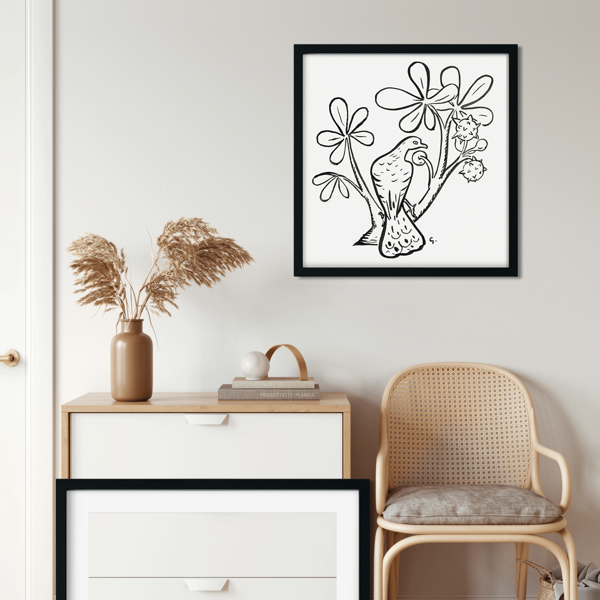 Pigeon on a branch of a chestnut tree Painting 1 : 1 Square Premium Wall Art Canvas by MeriDeewar