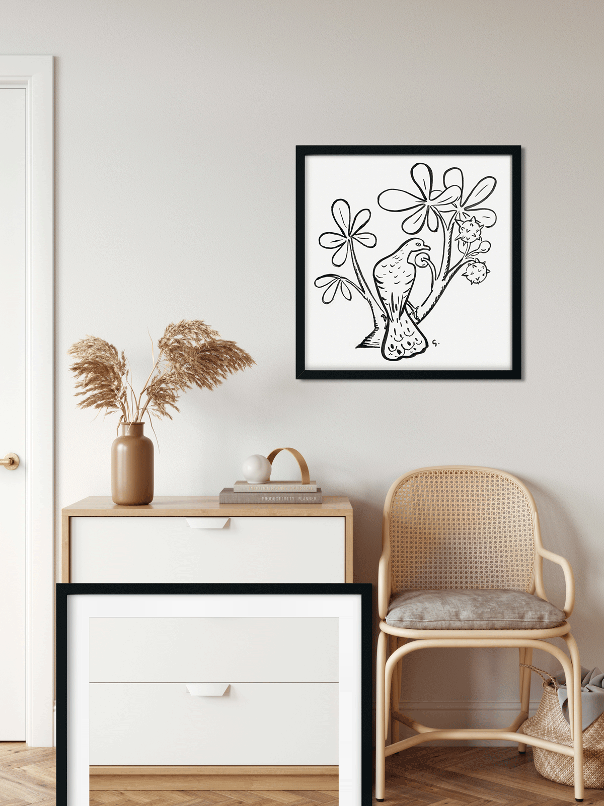 Pigeon on a branch of a chestnut tree Painting 1 : 1 Square Premium Wall Art Canvas by MeriDeewar
