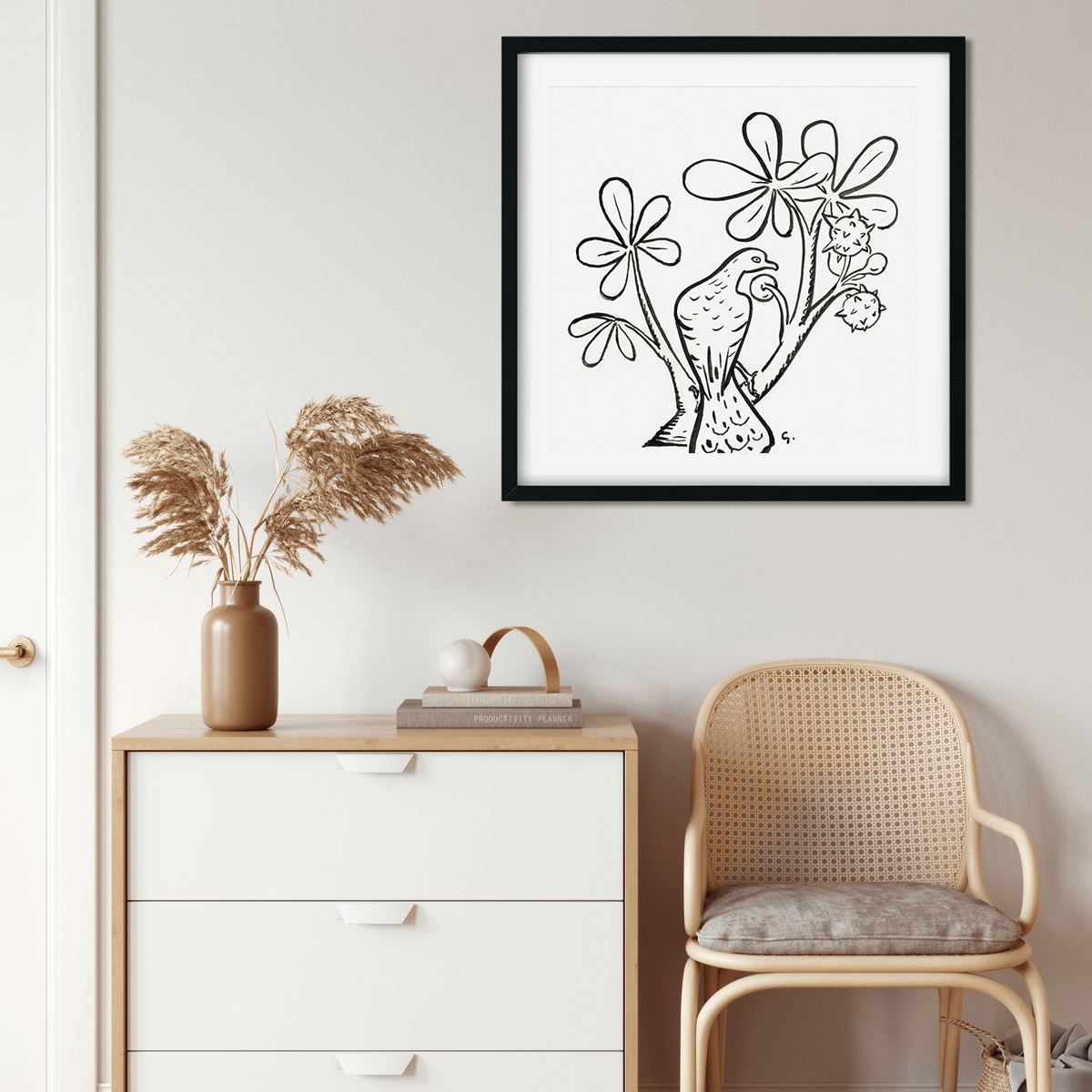 Pigeon on a branch of a chestnut tree Painting 1 : 1 Square Premium Wall Art Canvas by MeriDeewar