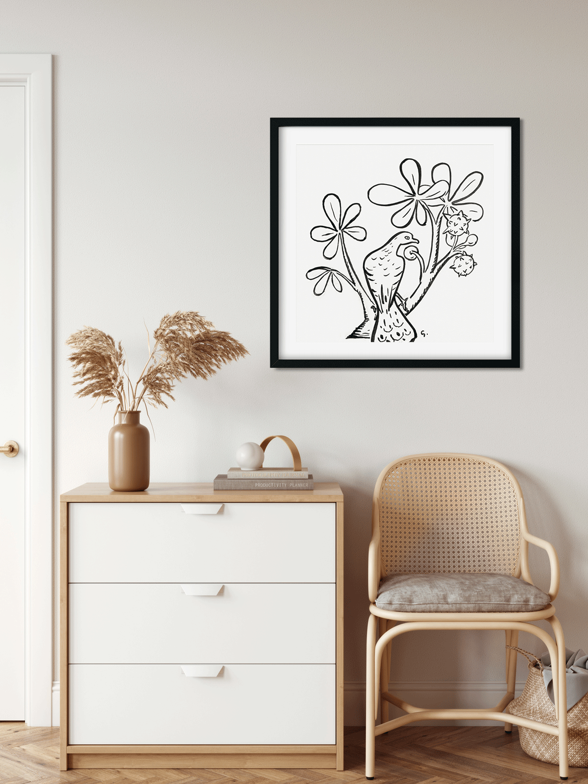 Pigeon on a branch of a chestnut tree Painting 1 : 1 Square Premium Wall Art Canvas by MeriDeewar