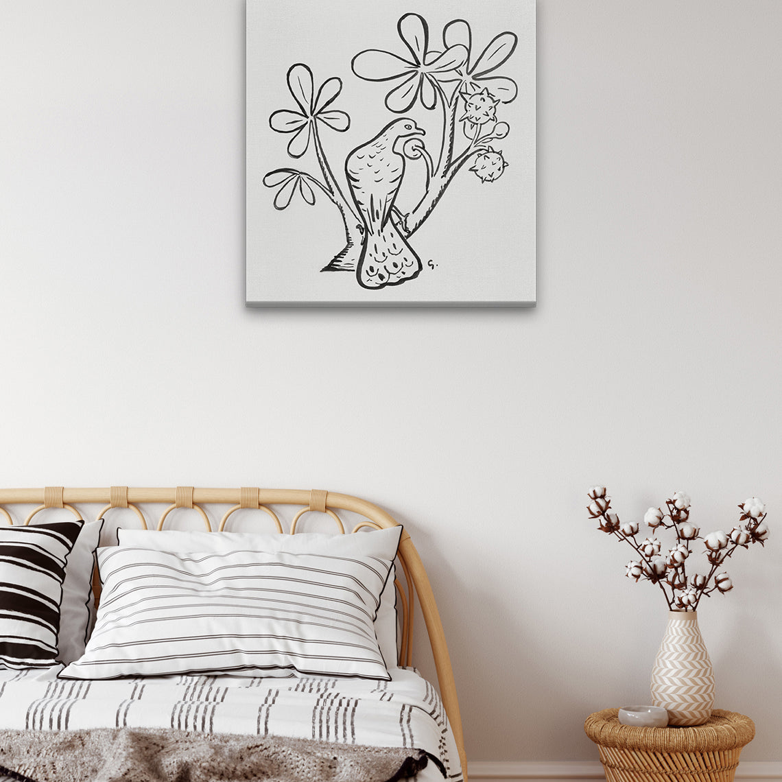 Pigeon on a branch of a chestnut tree Painting 1 : 1 Square Premium Wall Art Canvas by MeriDeewar