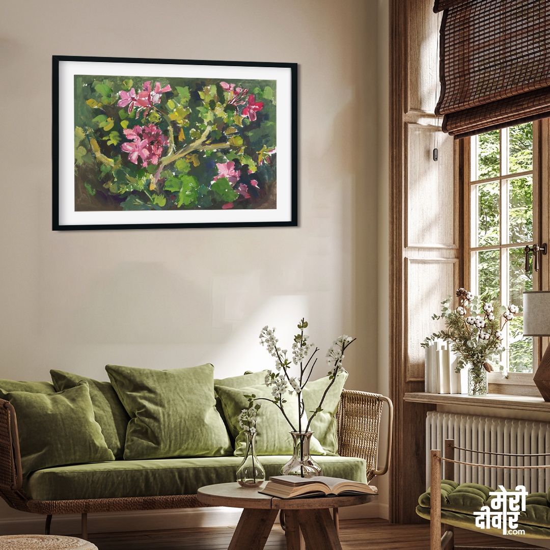 Pink Geranium Gouache Painting 3 : 2 Horizontal Premium Wall Art Canvas by MeriDeewar