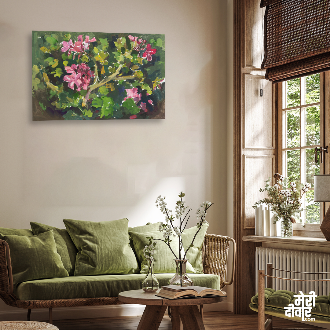 Pink Geranium Gouache Painting 3 : 2 Horizontal Premium Wall Art Canvas by MeriDeewar