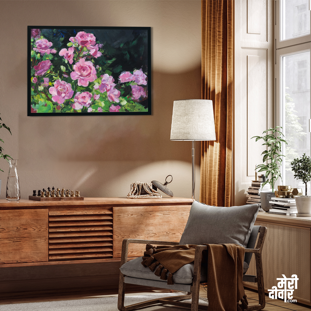 Pink Roses Gouache Painting 3 : 2 Horizontal Premium Wall Art Canvas by MeriDeewar