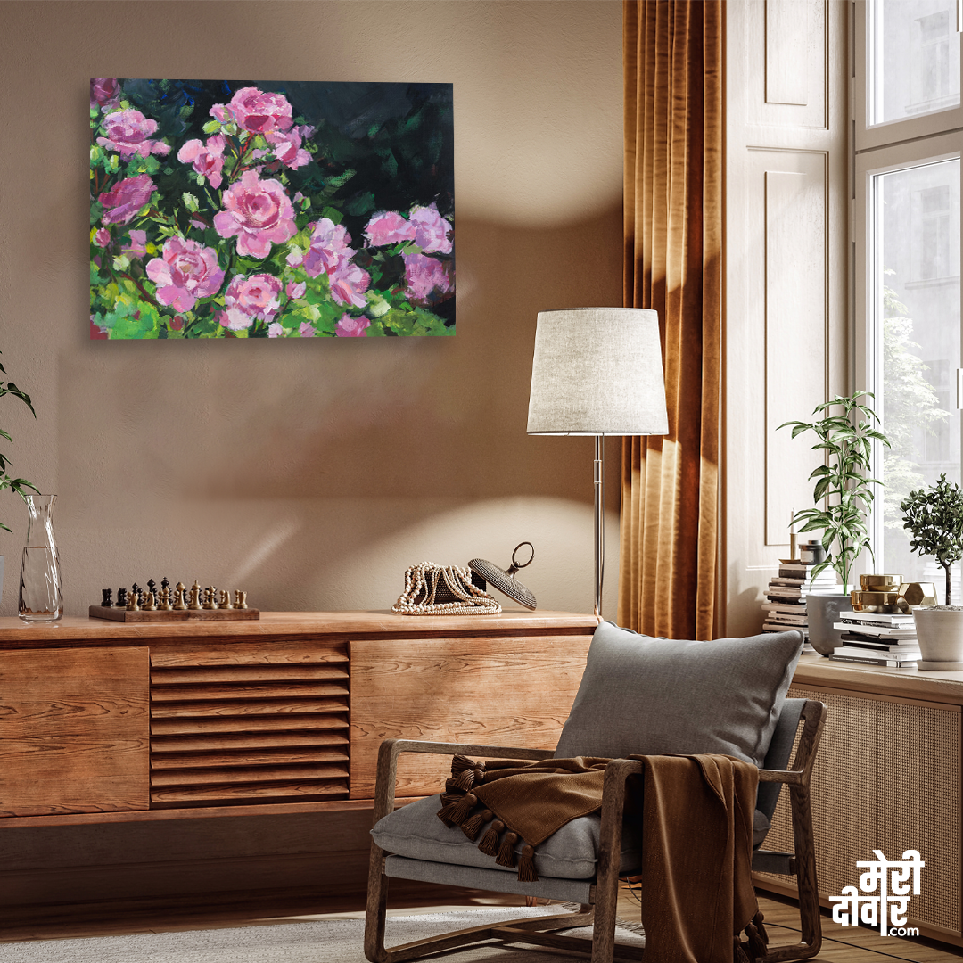 Pink Roses Gouache Painting 3 : 2 Horizontal Premium Wall Art Canvas by MeriDeewar