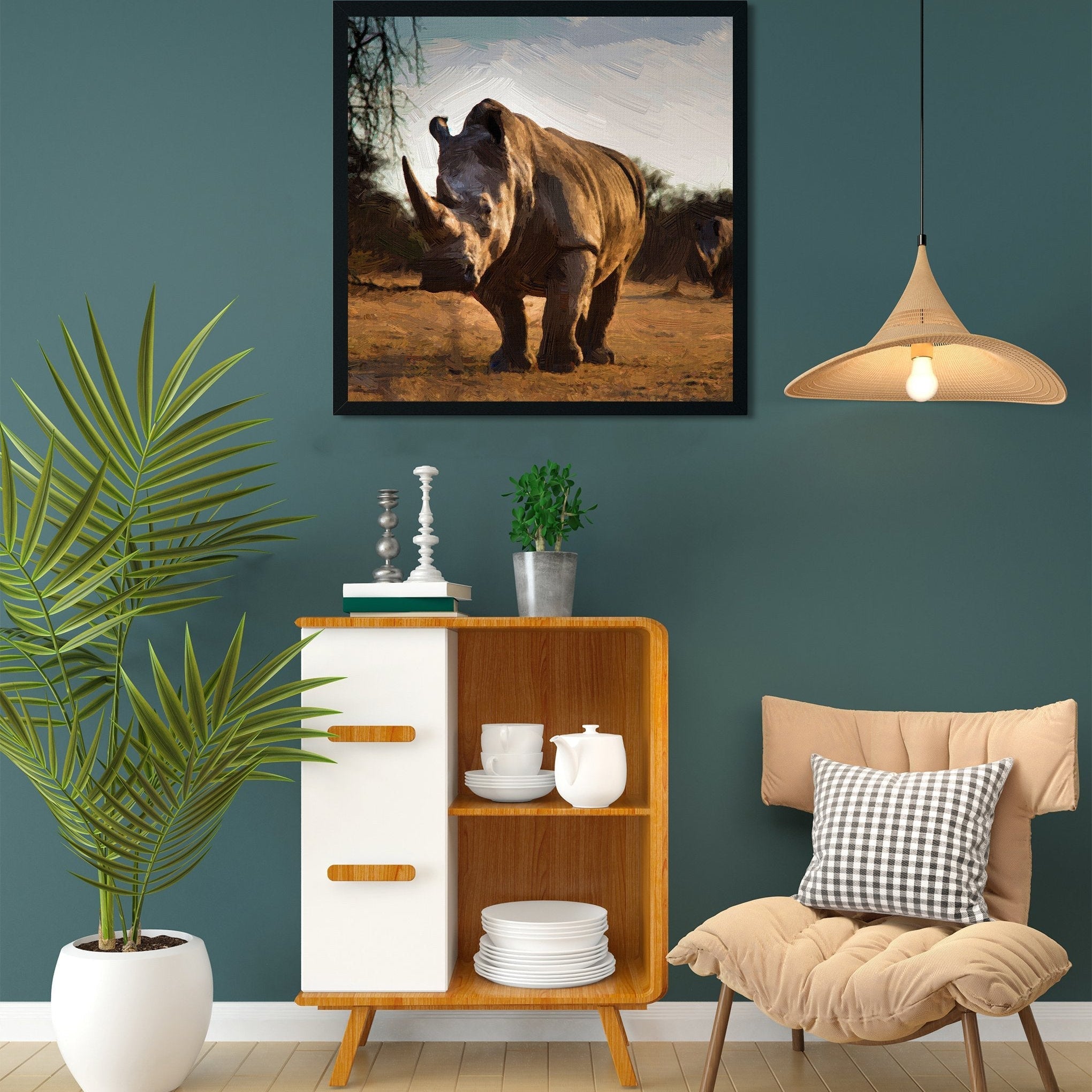 Portrait of a male bull white Rhino Painting - Meri Deewar 1 : 1 Square Premium Wall Art Canvas by MeriDeewar