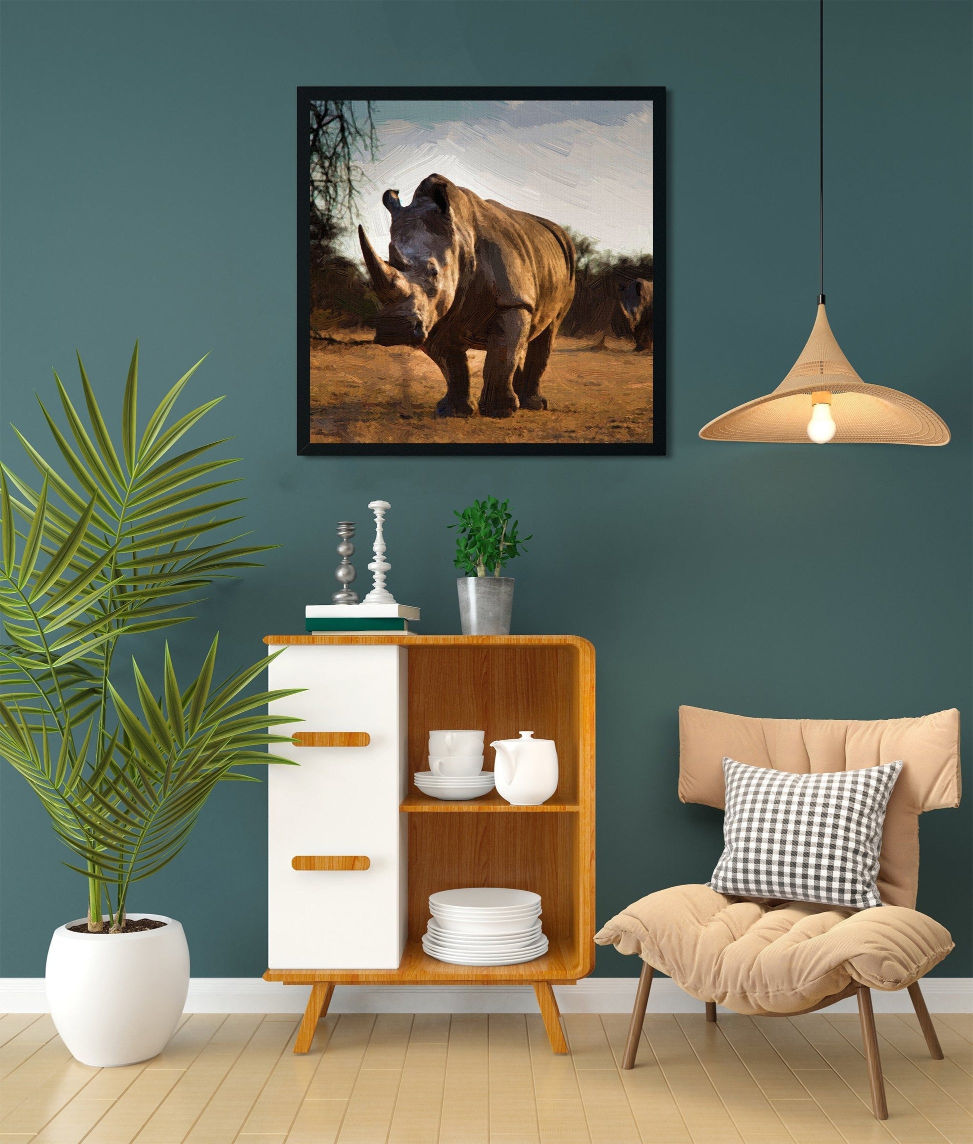 Portrait of a male bull white Rhino Painting - Meri Deewar 1 : 1 Square Premium Wall Art Canvas by MeriDeewar