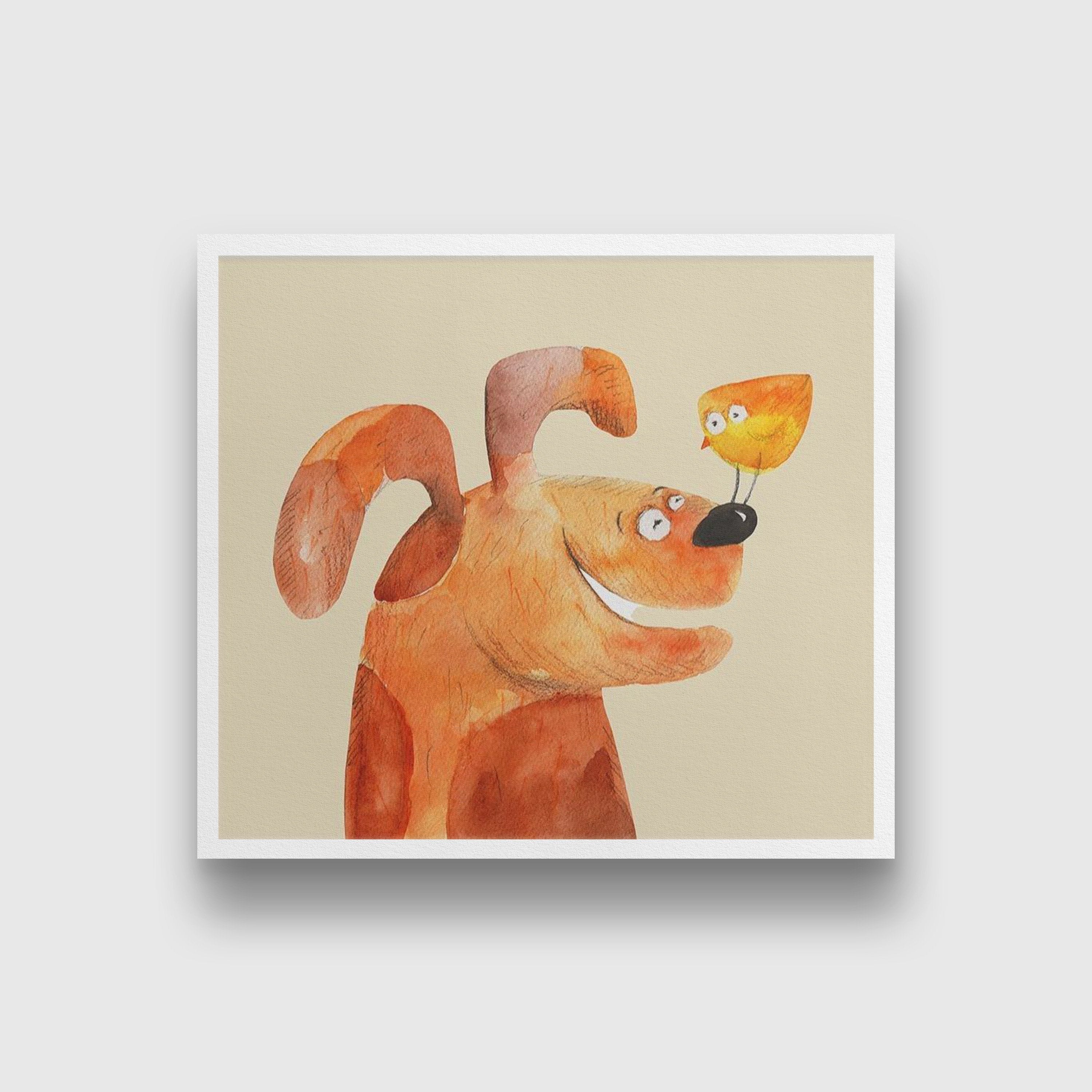 Puppy & Bird Artwork Painting - Meri Deewar 1 : 1 Square Premium Wall Art Canvas by MeriDeewar