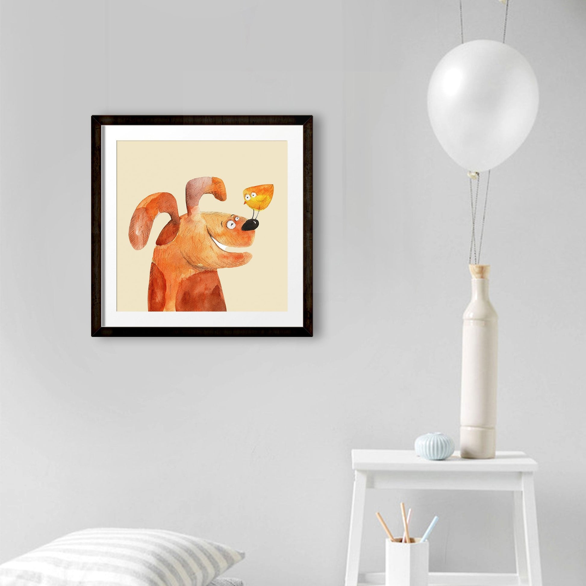Puppy & Bird Artwork Painting - Meri Deewar 1 : 1 Square Premium Wall Art Canvas by MeriDeewar