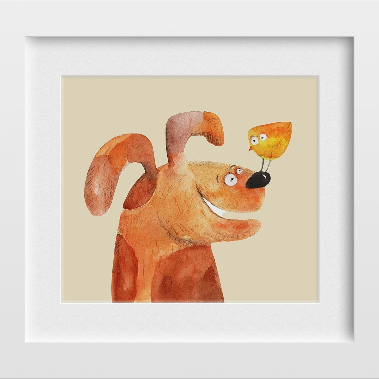 Puppy & Bird Artwork Painting - Meri Deewar 1 : 1 Square Premium Wall Art Canvas by MeriDeewar
