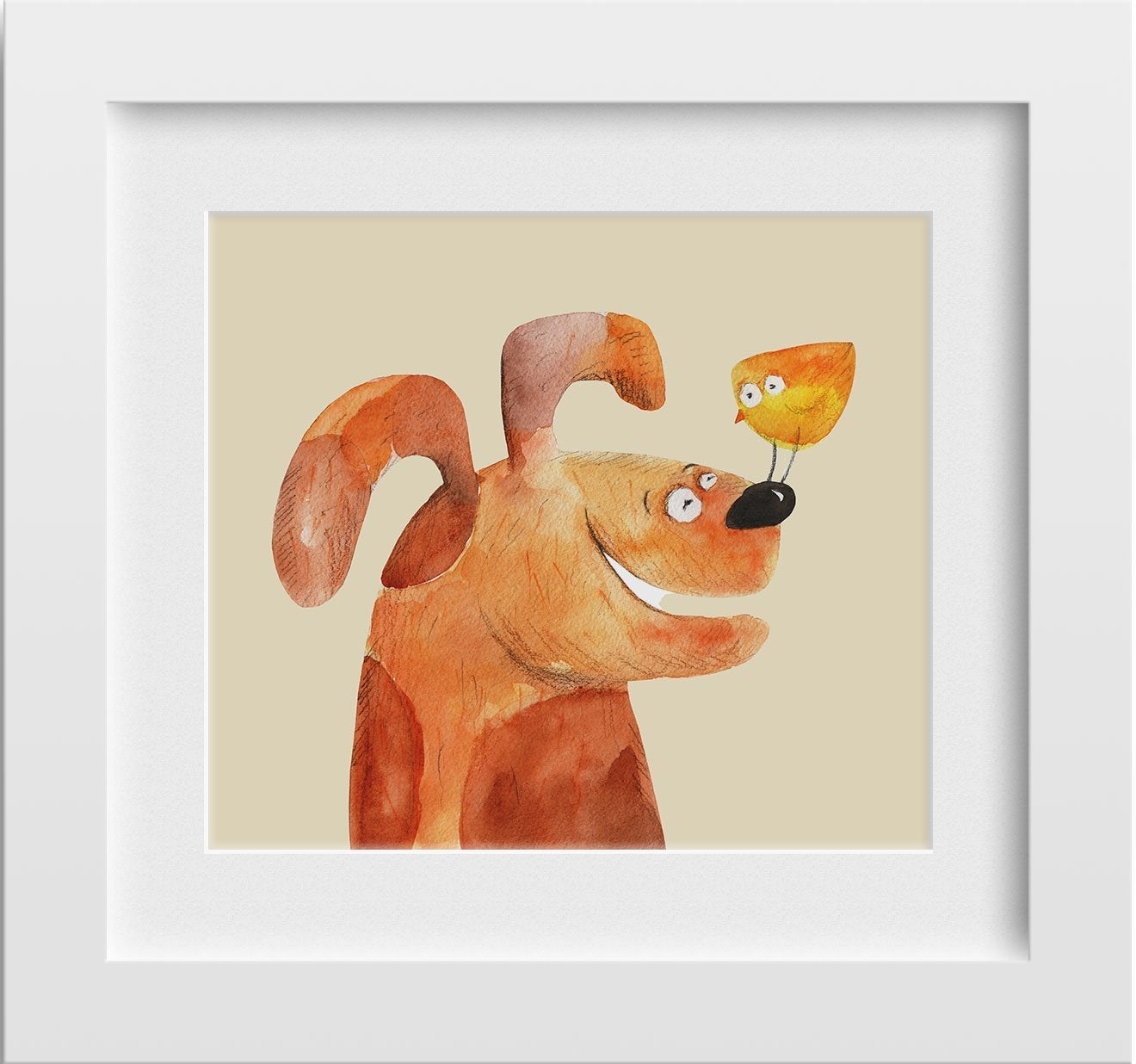 Puppy & Bird Artwork Painting - Meri Deewar 1 : 1 Square Premium Wall Art Canvas by MeriDeewar