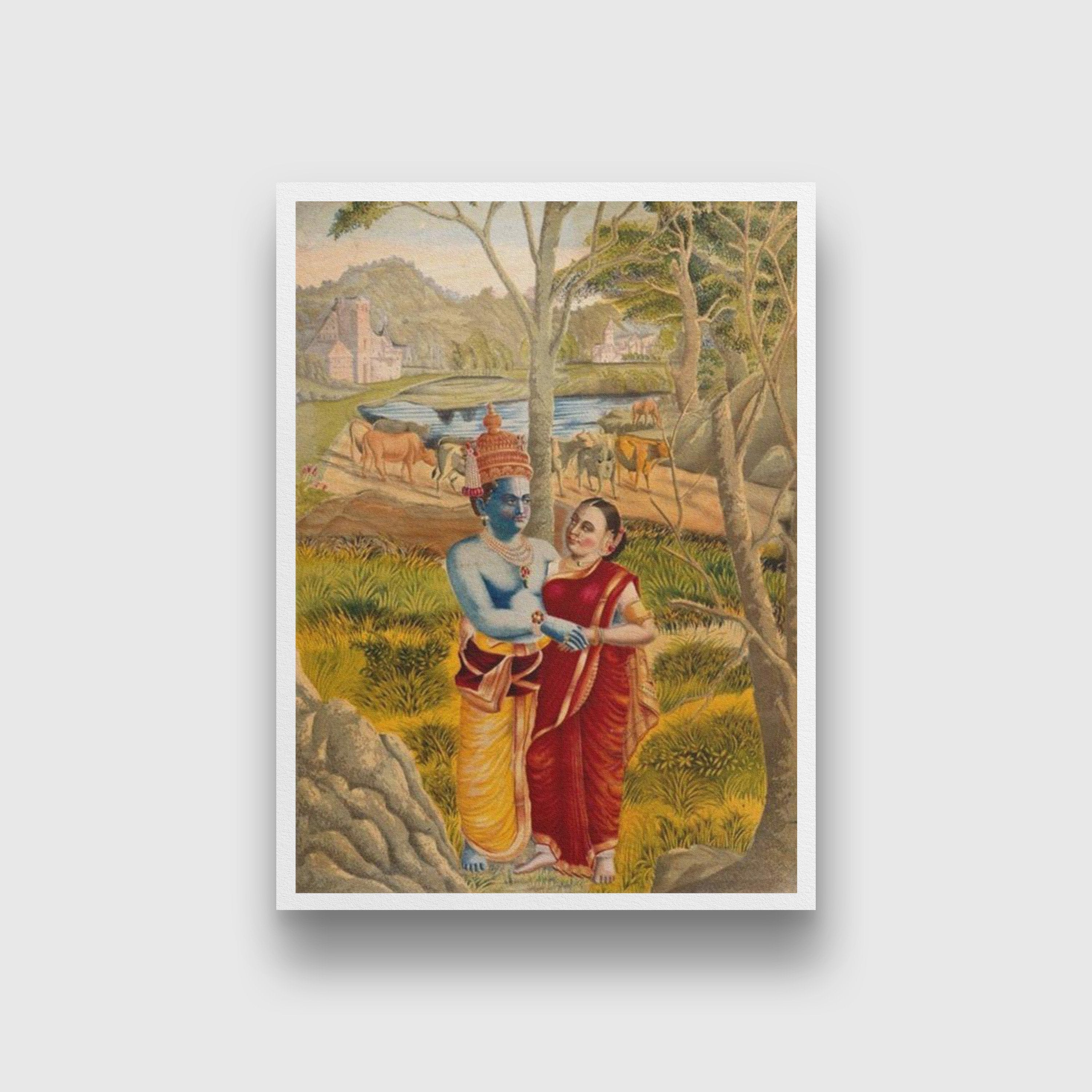 Radha and Krishna embrace in the countryside Painting - Meri Deewar 3 : 4 Vertical Premium Wall Art Canvas by MeriDeewar