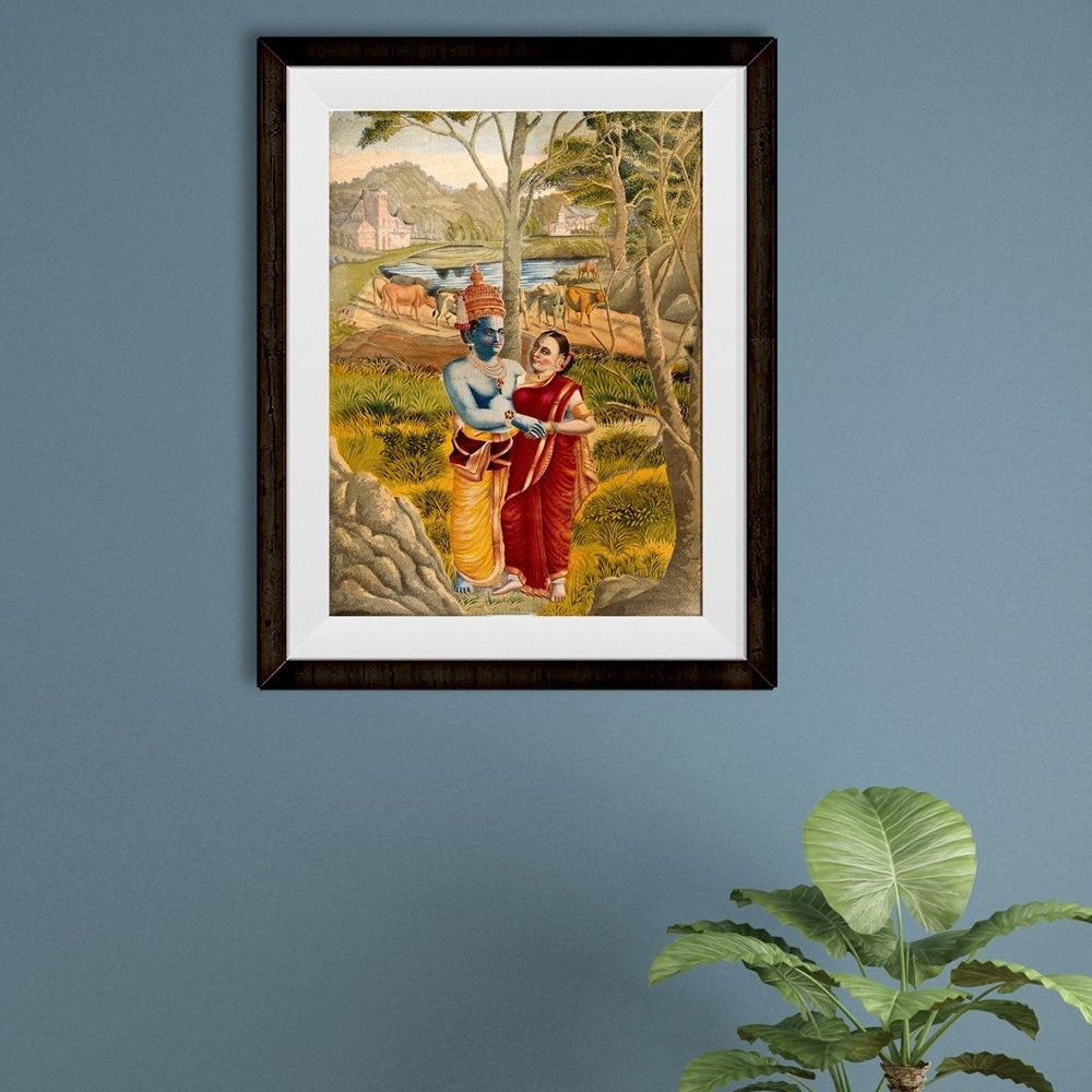 Radha and Krishna embrace in the countryside Painting - Meri Deewar 3 : 4 Vertical Premium Wall Art Canvas by MeriDeewar