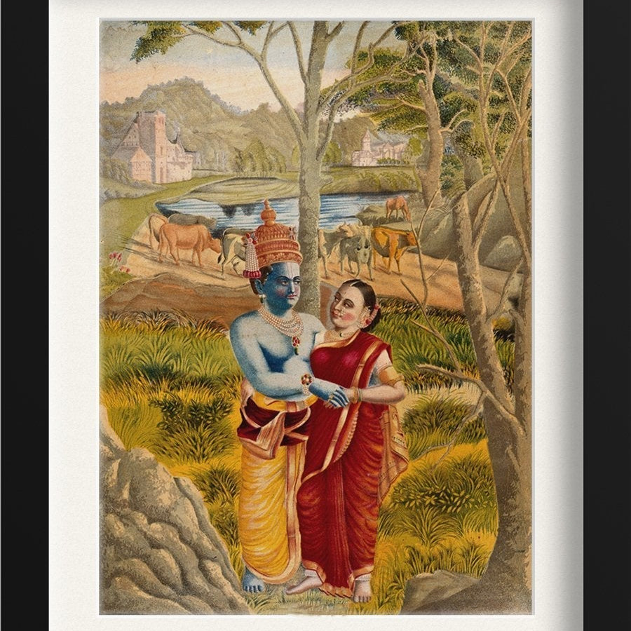 Radha and Krishna embrace in the countryside Painting - Meri Deewar 3 : 4 Vertical Premium Wall Art Canvas by MeriDeewar