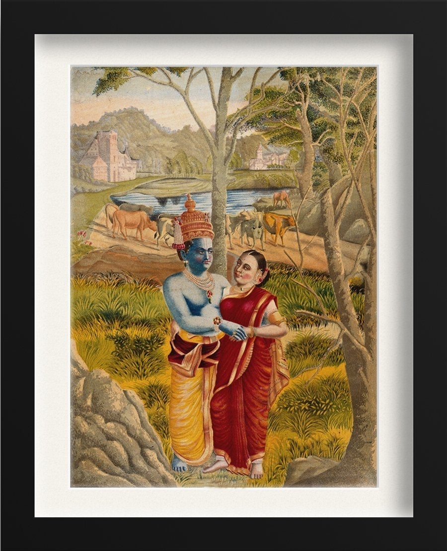 Radha and Krishna embrace in the countryside Painting - Meri Deewar 3 : 4 Vertical Premium Wall Art Canvas by MeriDeewar