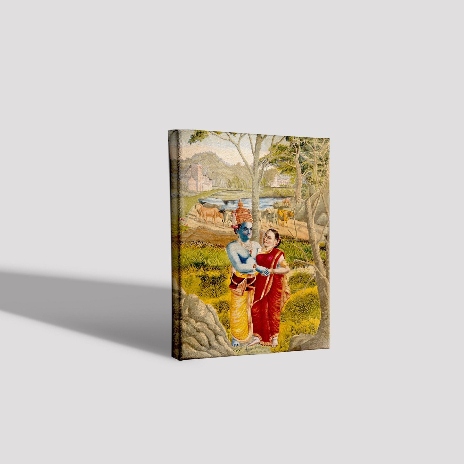 Radha and Krishna embrace in the countryside Painting - Meri Deewar 3 : 4 Vertical Premium Wall Art Canvas by MeriDeewar