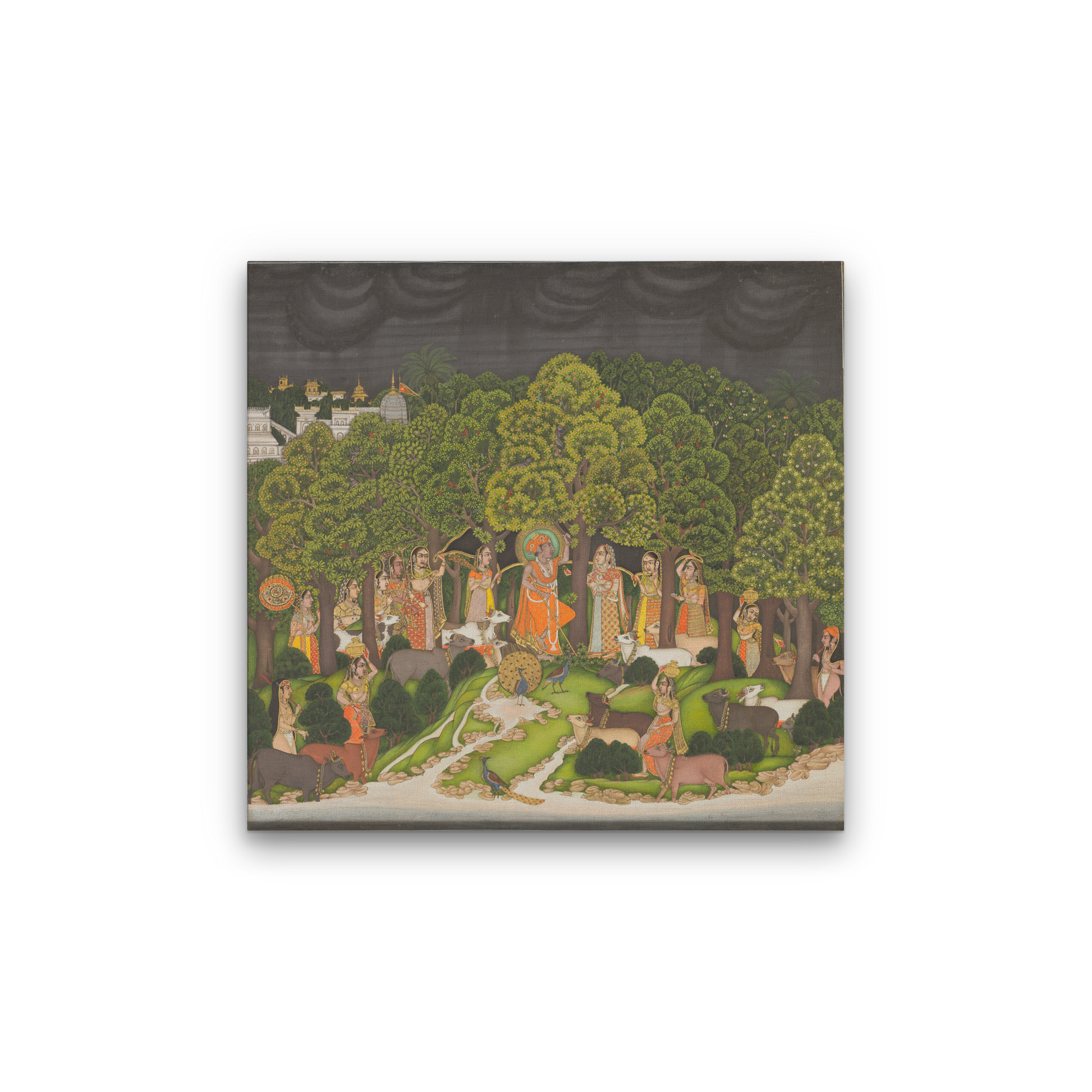 Radha and Krishna meet in the forest during a storm Painting 1 : 1 Square Premium Wall Art Canvas by MeriDeewar