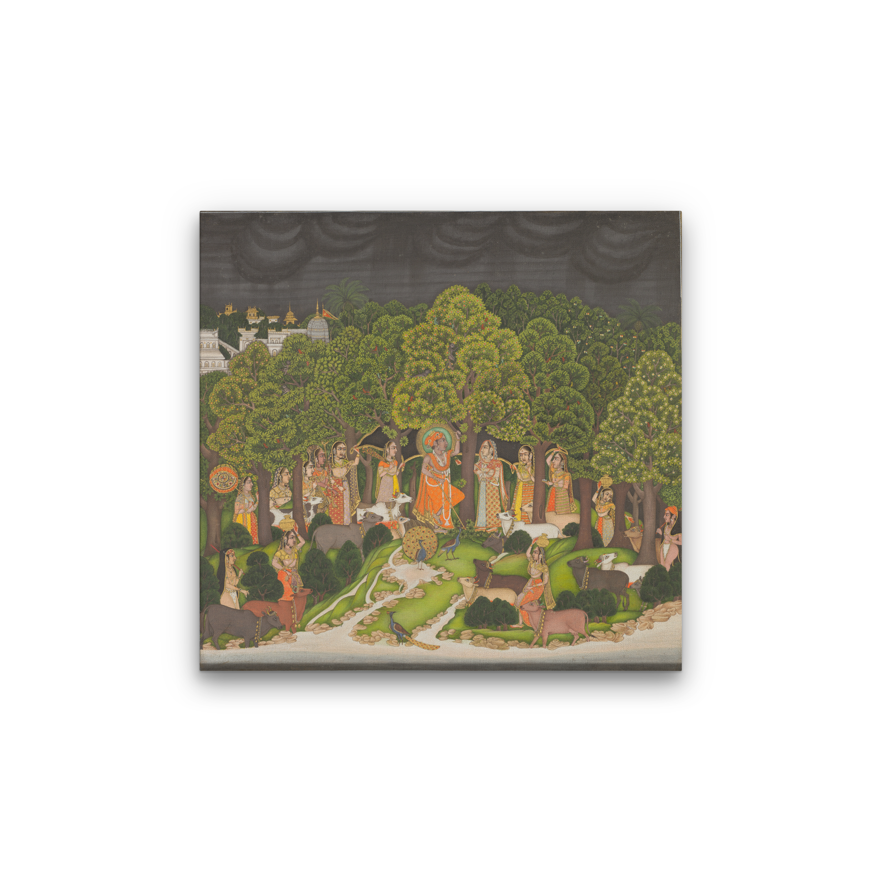 Radha and Krishna meet in the forest during a storm Painting 1 : 1 Square Premium Wall Art Canvas by MeriDeewar