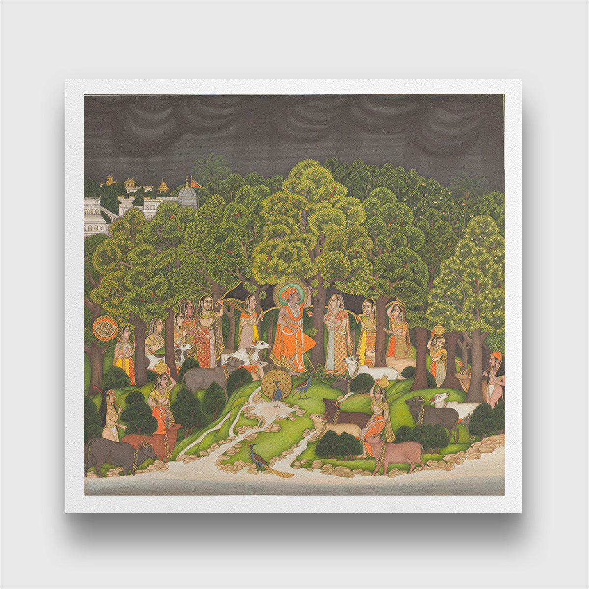 Radha and Krishna meet in the forest during a storm Painting 1 : 1 Square Premium Wall Art Canvas by MeriDeewar