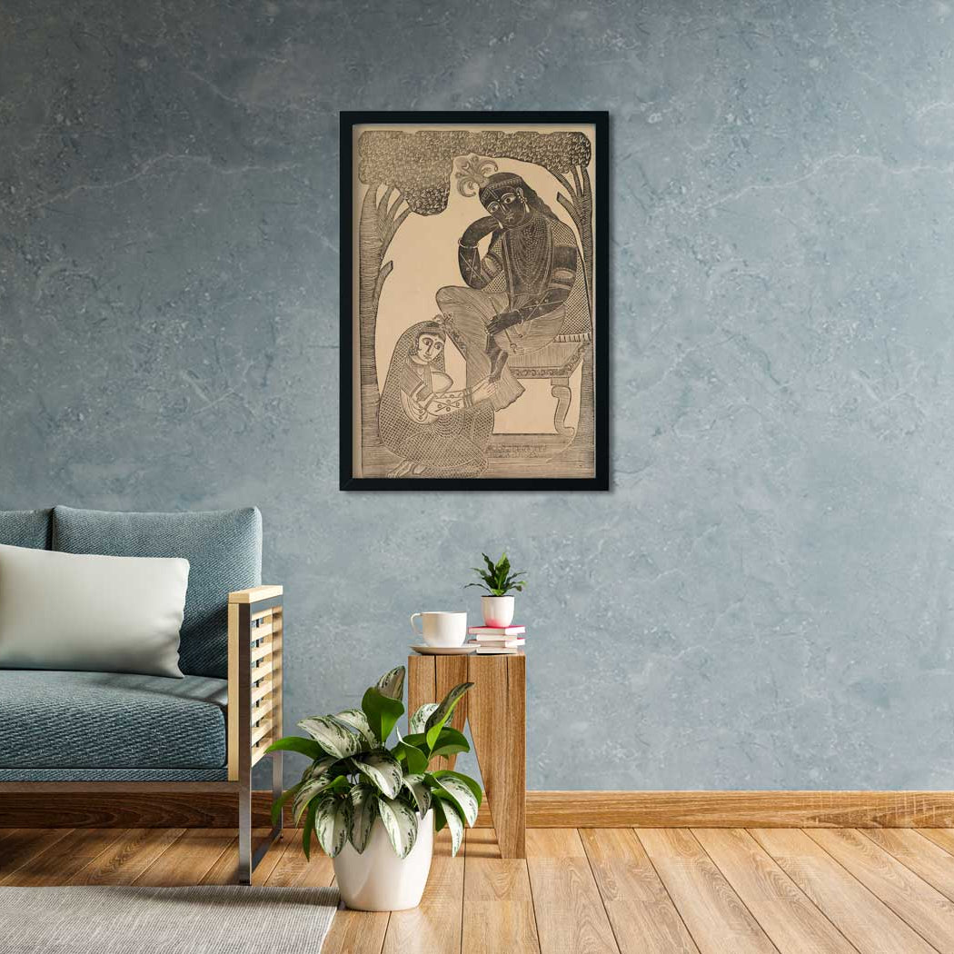 Radha Stroking Krishna's Feet Painting 2 : 3 Vertical Premium Wall Art Canvas by MeriDeewar